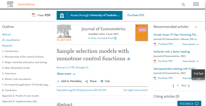 University of Tsukuba Yu Zhengfei Sample Selection Models with Monotone Control Functions Screenshot of Publication